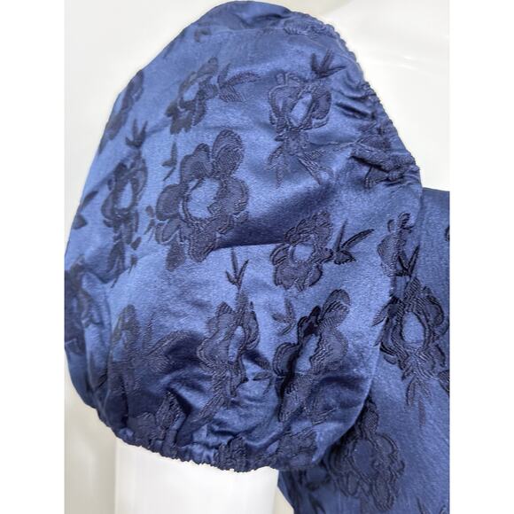 NWT Lulus Dress Women’s L Blue Floral Jacquard Lace Up Back Puff Sleeve Ruffle - Picture 6 of 13